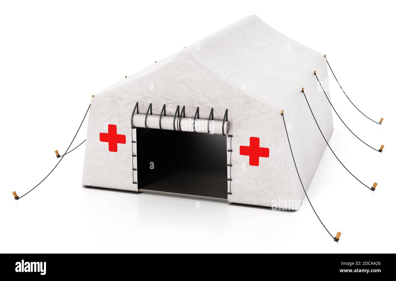 Tipo di campo tenda ospedale mobile isolata su sfondo bianco. Illustrazione 3D. Foto Stock