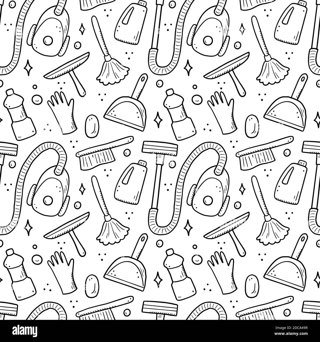 Disegno senza giunture di attrezzature per la pulizia, spugna, vuoto, spray, scopa, secchio. Stile di schizzo Doodle. Pulire l'elemento disegnato da una penna digitale. Illustrazione per sfondo, sfondo, banner. Illustrazione Vettoriale