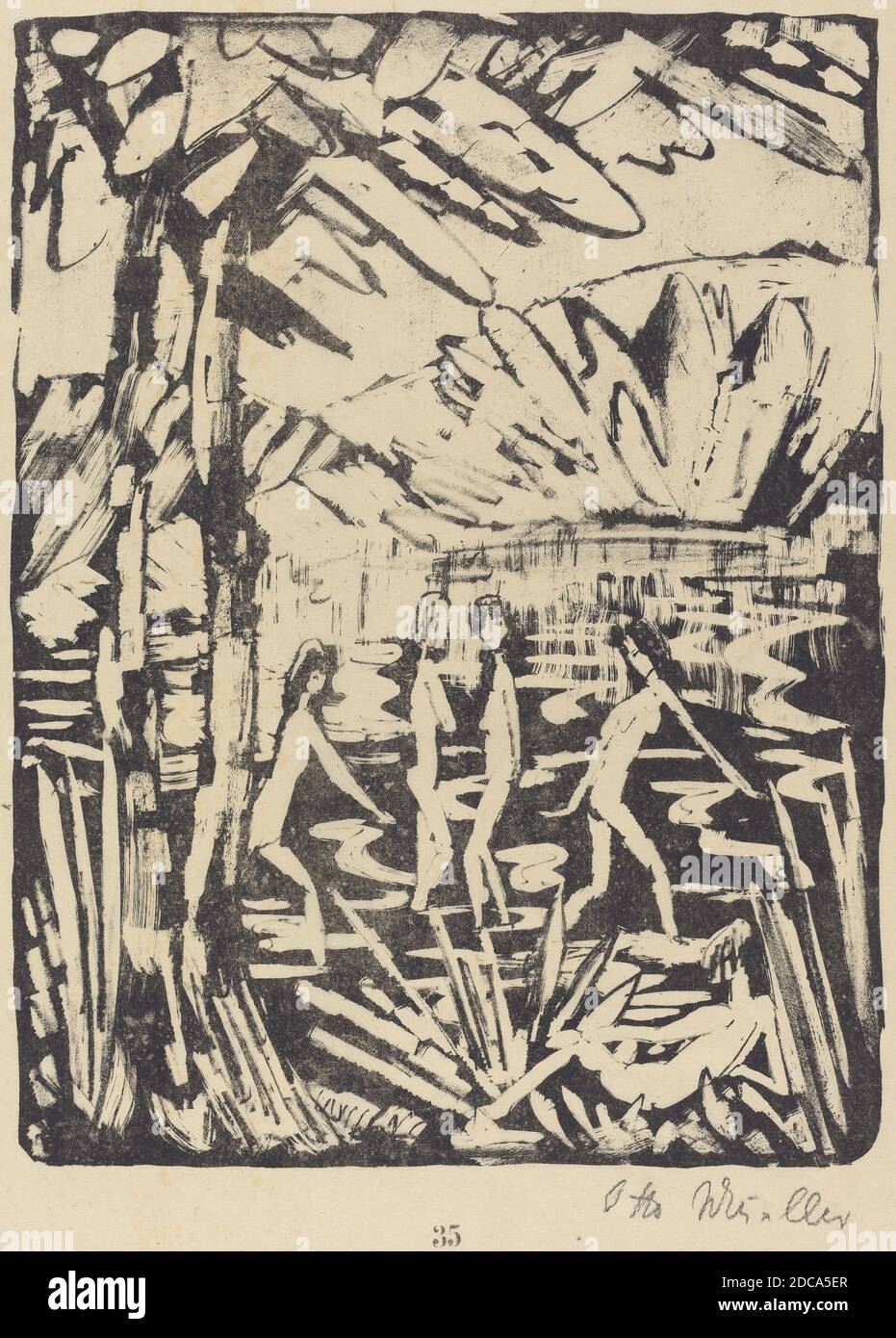 Otto Müller, (artista), tedesco, 1874 - 1930, Five Girls at a Forest Pond (Funf Madchen am Waldteich), c.. 1919, litografia Foto Stock