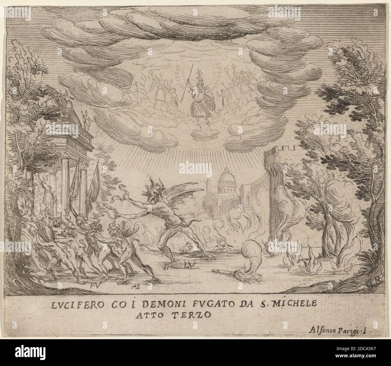 Alfonso Parigi II, (artista), fiorentino, 1606 - 1656, Lucifero e Demoni in fuga da San Michele, la tragedia di Sant'Ursula: Atto III, (serie), incisione Foto Stock