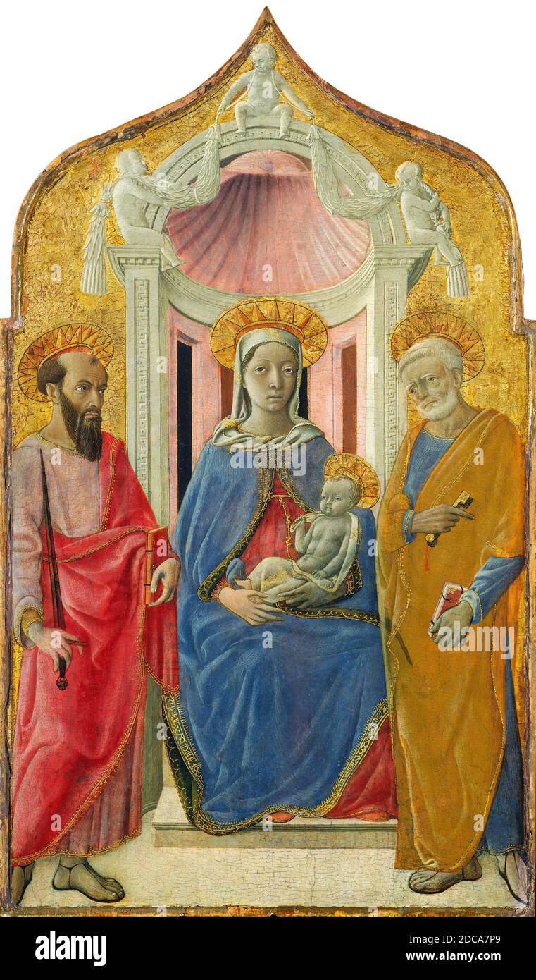 Domenico di Bartolo, (artista), Senese, c. 1400 - 1447, Madonna col Bambino in trono con San Pietro e San Paolo, c. 1430, tempera (?) su pannello, totale: 53 x 31 cm (20 7/8 x 12 3/16 pollici), con cornice: 56.5 x 33.7 x 6 cm (22 1/4 x 13 1/4 x 2 3/8 pollici Foto Stock