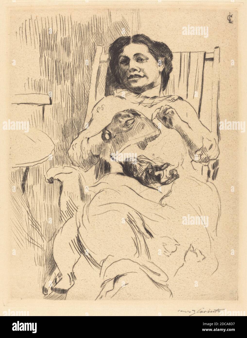 Lovis Corinth, (artista), tedesco, 1858 - 1925, Galerie Paul Cassirer, (editore), attivo c.. 1903 - 1933, Frau mit Handarbeit (Donna con aghi), 1912, punto di essiccazione in nero su carta da wove, piastra: 24.8 x 19.6 cm (9 3/4 x 7 11/16 pollici), foglio: 37.9 x 24.5 cm (14 15/16 x 9 5/8 pollici Foto Stock