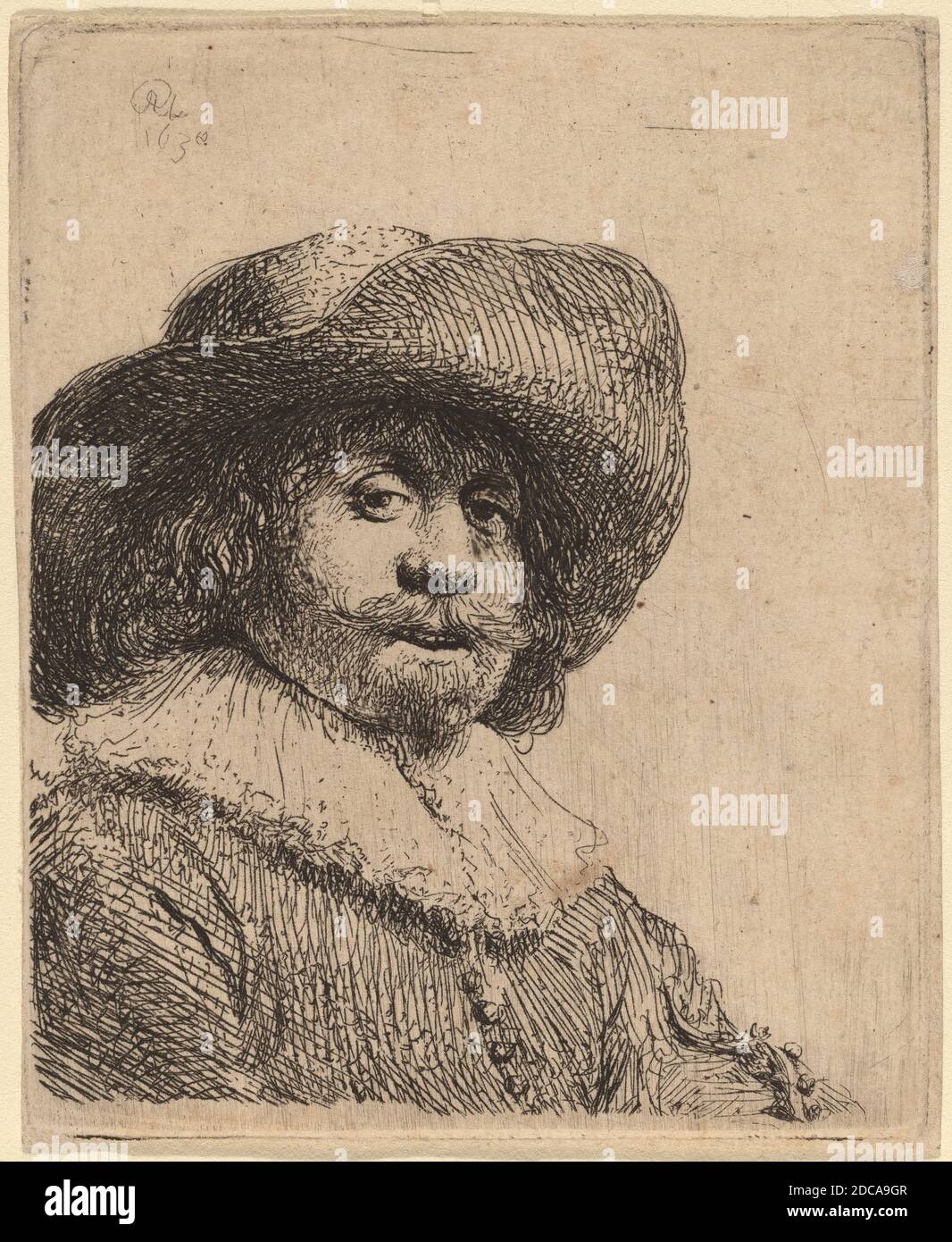 Rembrandt van Rijn, (artista), olandese, 1606 - 1669, uomo in un cappello largo-brimmed, forse 1638, incisione Foto Stock