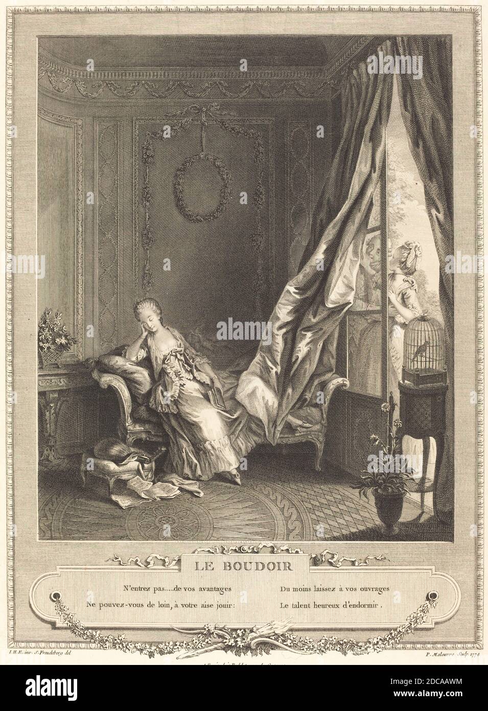 Pierre Maleuvre, (artista), francese, 1740 - 1803, Sigmund Freudenberger, (artista dopo), svizzero, 1745 - 1801, le boudoir, Storia delle maniere e dei costumi francesi, (serie), incisione e incisione Foto Stock