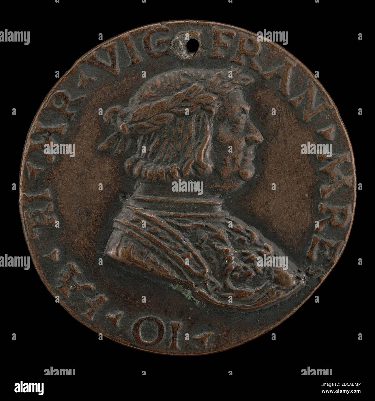 Milanese XVI secolo, (artista), Gian Giacomo Trivulzio come Guerriero Laureato, inizio XVI secolo, bronzo, diametro totale: 4.37 cm (1 3/4 in.), peso lordo: 21.76 gr (0.048 lb.), asse: 6:00 Foto Stock