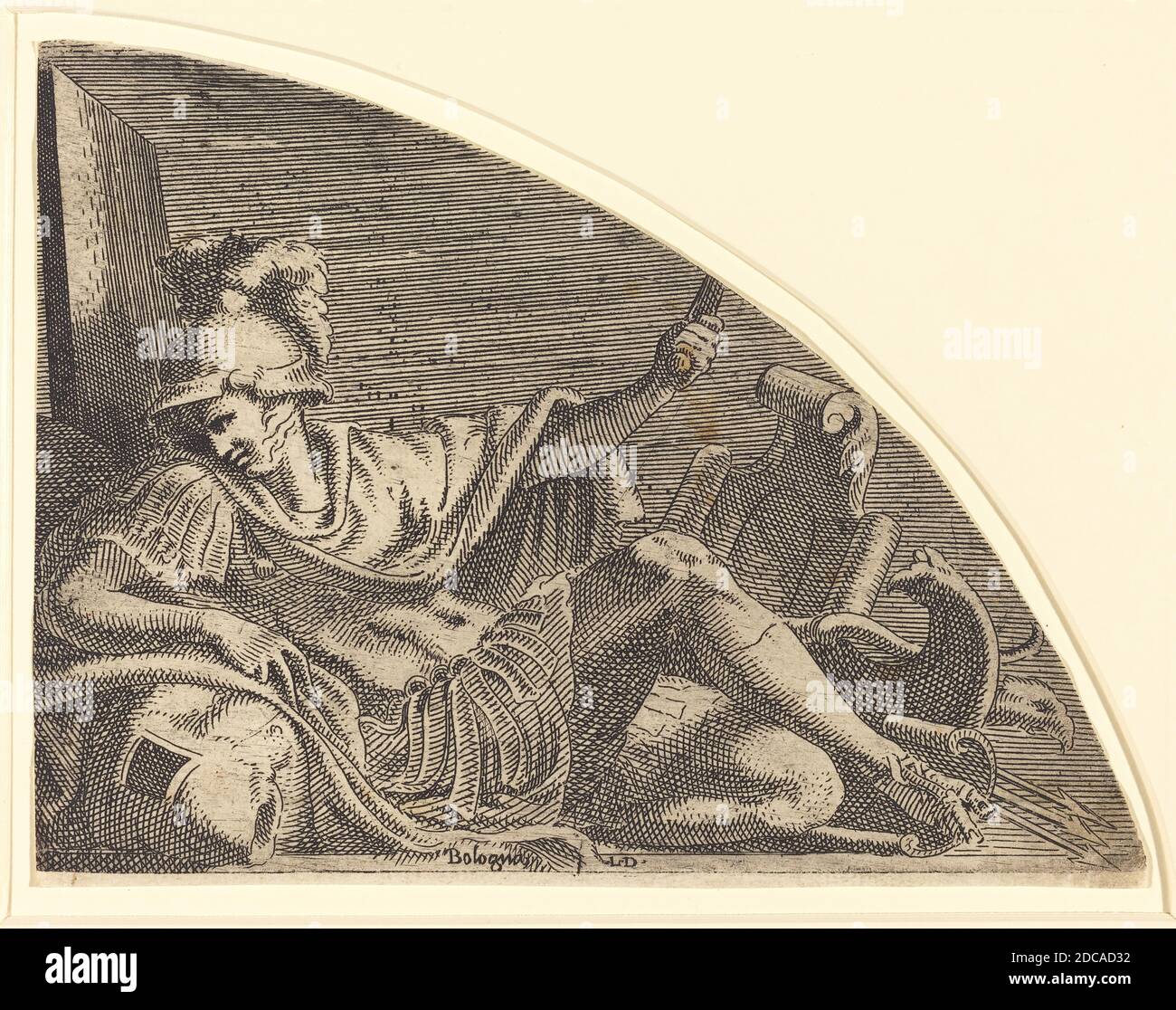 Léon Davent, (artista), francese, attivo 1540 - 1556, Francesco Primaticcio, (artista dopo), italiano, 1504 - 1570, Marte seduto sui Trofei, incisione Foto Stock