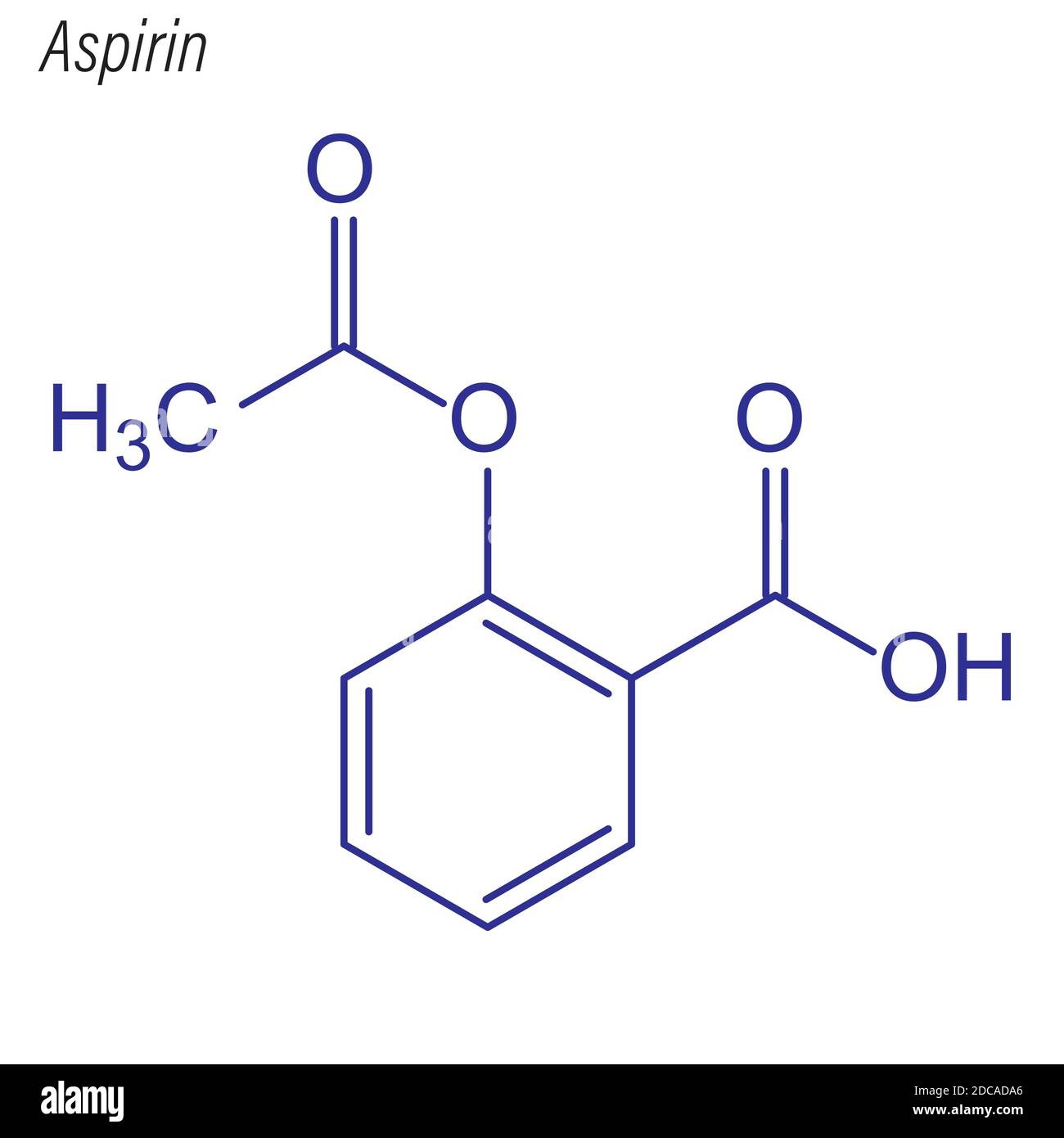 Formula scheletrica dell'aspirina. Molecola chimica del farmaco. Illustrazione Vettoriale