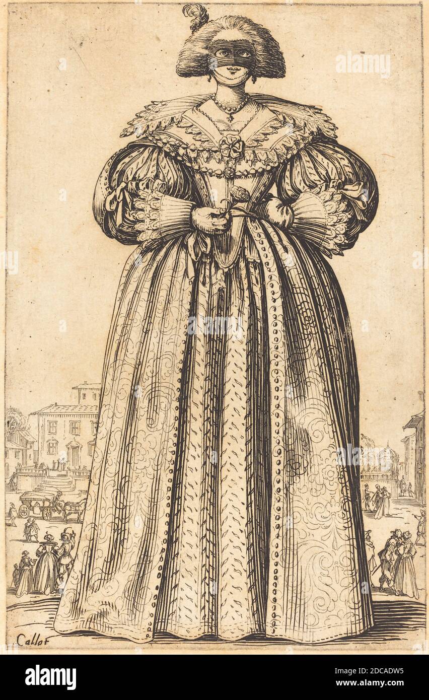 Jacques Callot, (artista), francese, 1592 - 1635, Masked Noble Woman, la nobiltà di Lorena, (serie), c.. 1620/1623, acquaforte Foto Stock