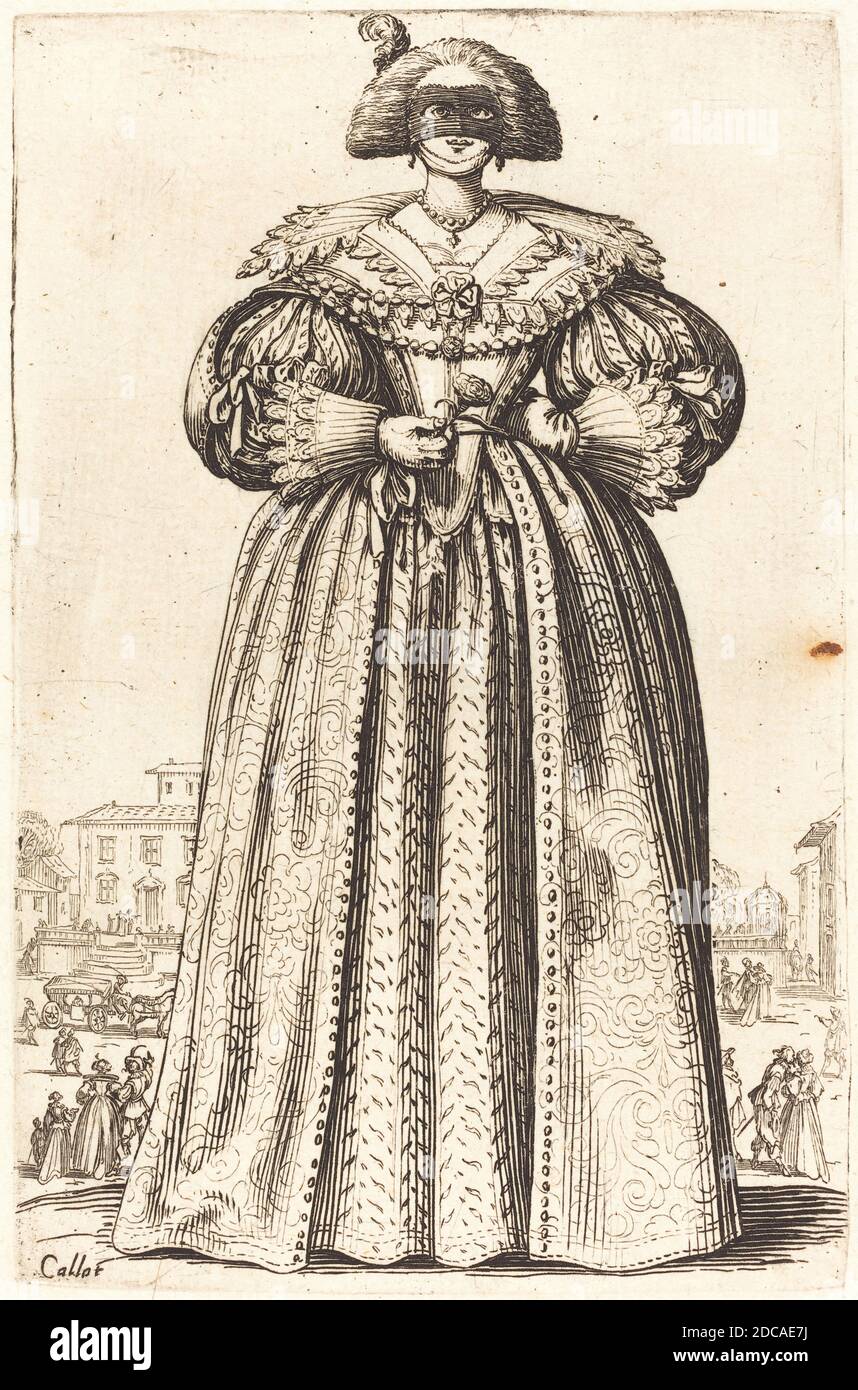 Jacques Callot, (artista), francese, 1592 - 1635, Masked Noble Woman, la nobiltà di Lorena, (serie), c.. 1620/1623, acquaforte Foto Stock