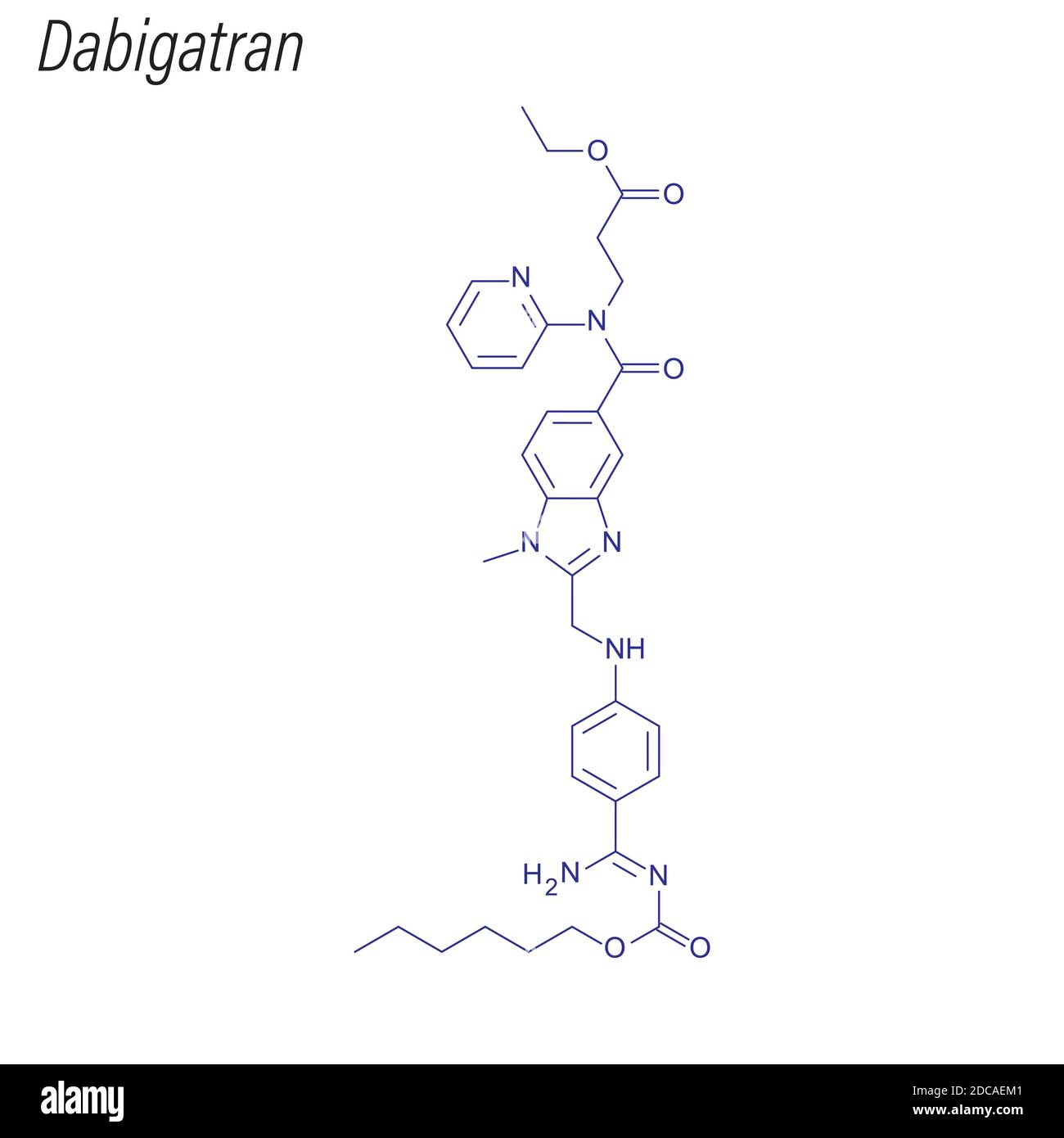 Formula scheletrica di Dabigatran. Molecola chimica del farmaco. Illustrazione Vettoriale