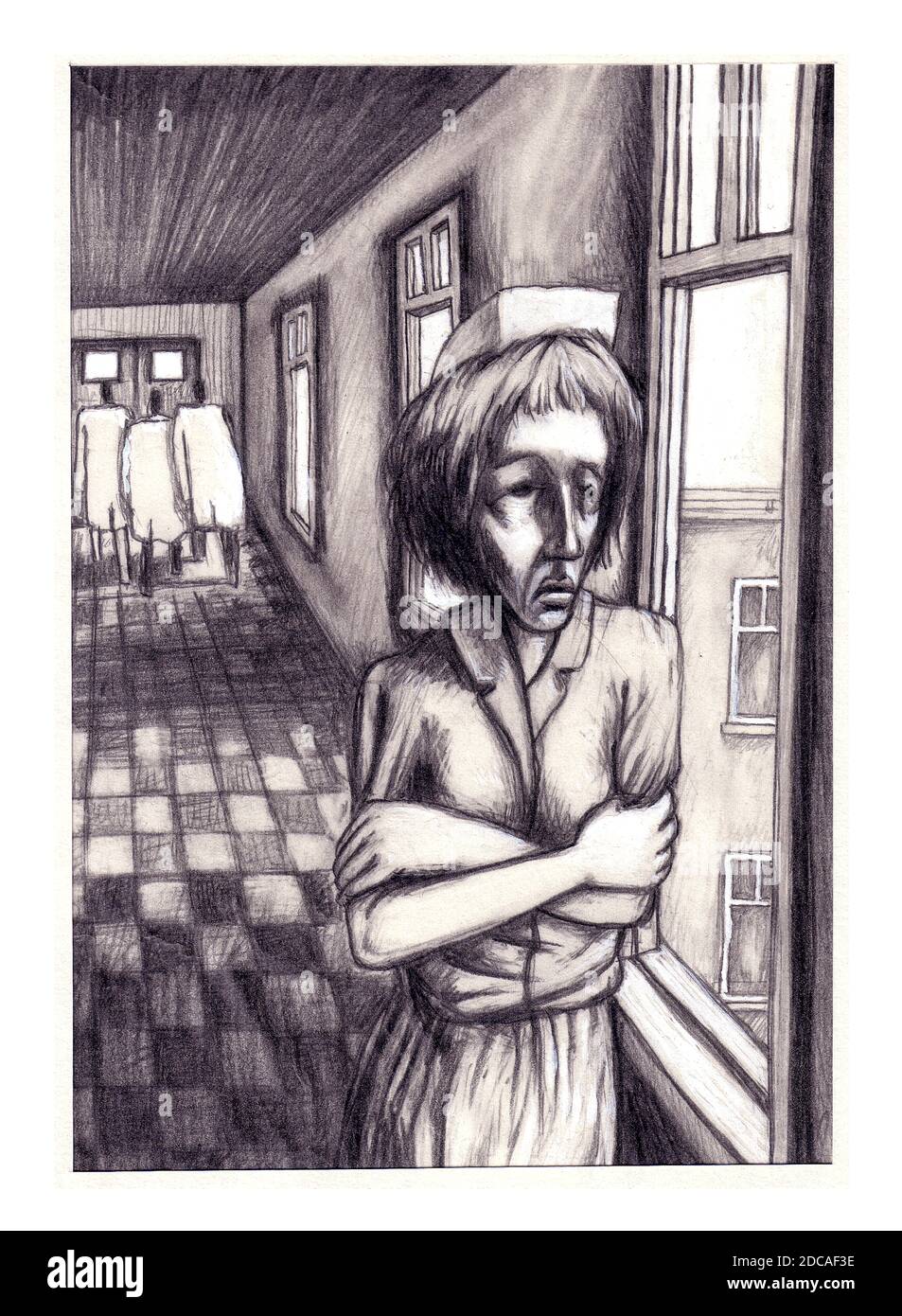 Stress infermieristico, isolamento, salute mentale PTSD lavoro preoccupazioni Coronavirus, ambiente Covid-19 originale arte illustrazione in bianco e nero grafite Foto Stock