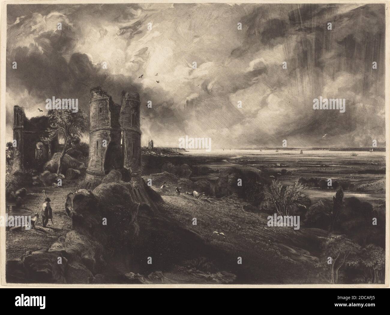 David Lucas, (artista), British, 1802 - 1881, John Constable, (artista dopo), British, 1776 - 1837, Castello di Hadleigh (piatto grande), 1830 e 1832, mezzotint, piatto: 26.7 x 36.5 cm (10 1/2 x 14 3/8 pollici), foglio: 27.2 x 37.4 cm (10 11/16 x 14 3/4 pollici), totale (formato tappetino): 40.6 x 55.9 cm (16 x 22 pollici Foto Stock