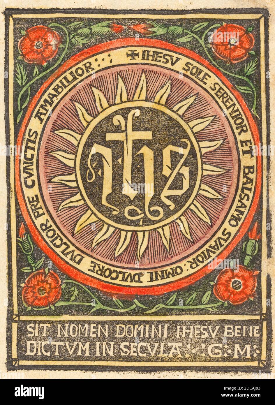 Tedesco 15 ° secolo, (artista), Monogram JHS in un cerchio di fiamme, c.. 1500, in legno, colorato a mano in rosso, verde, giallo e rosa lavanda Foto Stock