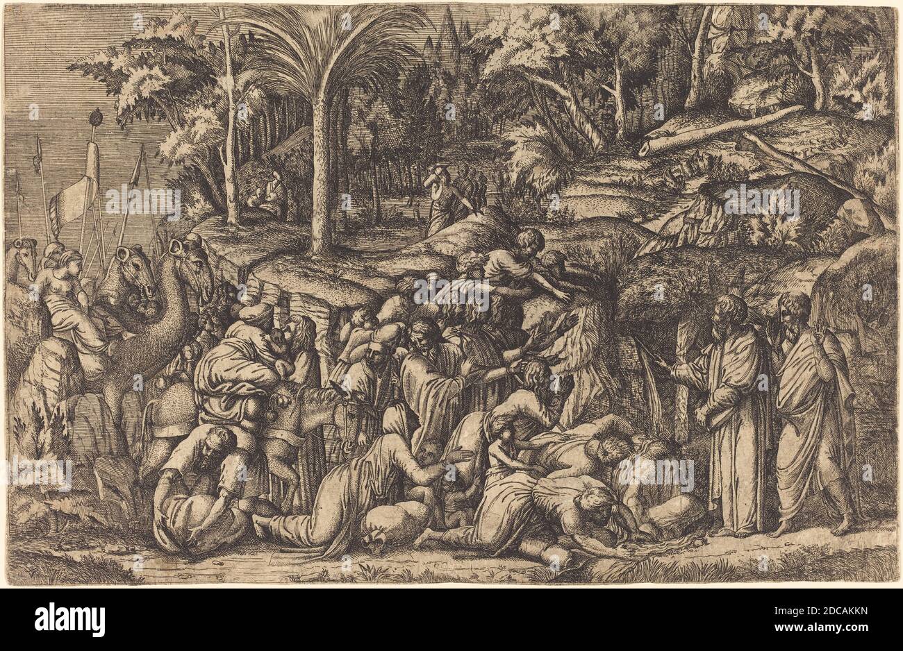 Master IV, (artista), francese, attivo c.. 1544, Francesco Primaticcio, (artista dopo), Italiano, 1504 - 1570, Moses colpisce la roccia, incisione, foglio: 26.6 x 41.4 cm (10 1/2 x 16 5/16 pollici Foto Stock