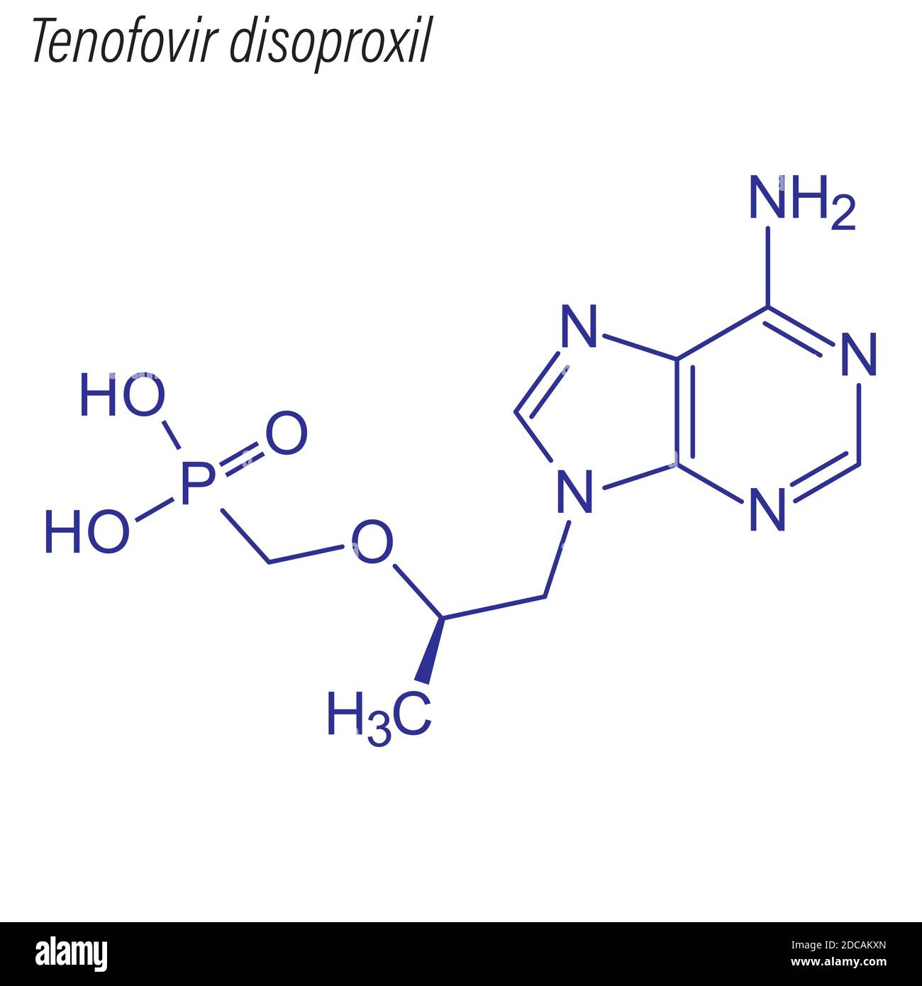 Formula scheletrica di tenofovir disoproxil. Molecola chimica del farmaco. Illustrazione Vettoriale