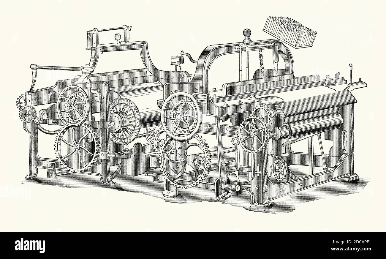 Una vecchia incisione di un telaio di cotone (a sinistra) e di un telaio di lino (a destra). E 'da un libro di ingegneria meccanica vittoriana del 1880. Un telaio è un dispositivo usato per tessere il tessuto. Lo scopo fondamentale di qualsiasi telaio è quello di mantenere i fili di ordito in tensione per facilitare l'intreccio dei fili di trama. L'inglese Edmund Cartwright costruì e brevettò un telaio elettrico nel 1785, ed è stato questo che fu adottato dall'industria del cotone. L'acqua e/o il vapore forniva la potenza necessaria per far funzionare i telai, di solito mediante trasmissioni a cinghia ai singoli telai. La forma del telaio e la sua meccanica variavano enormemente. Foto Stock