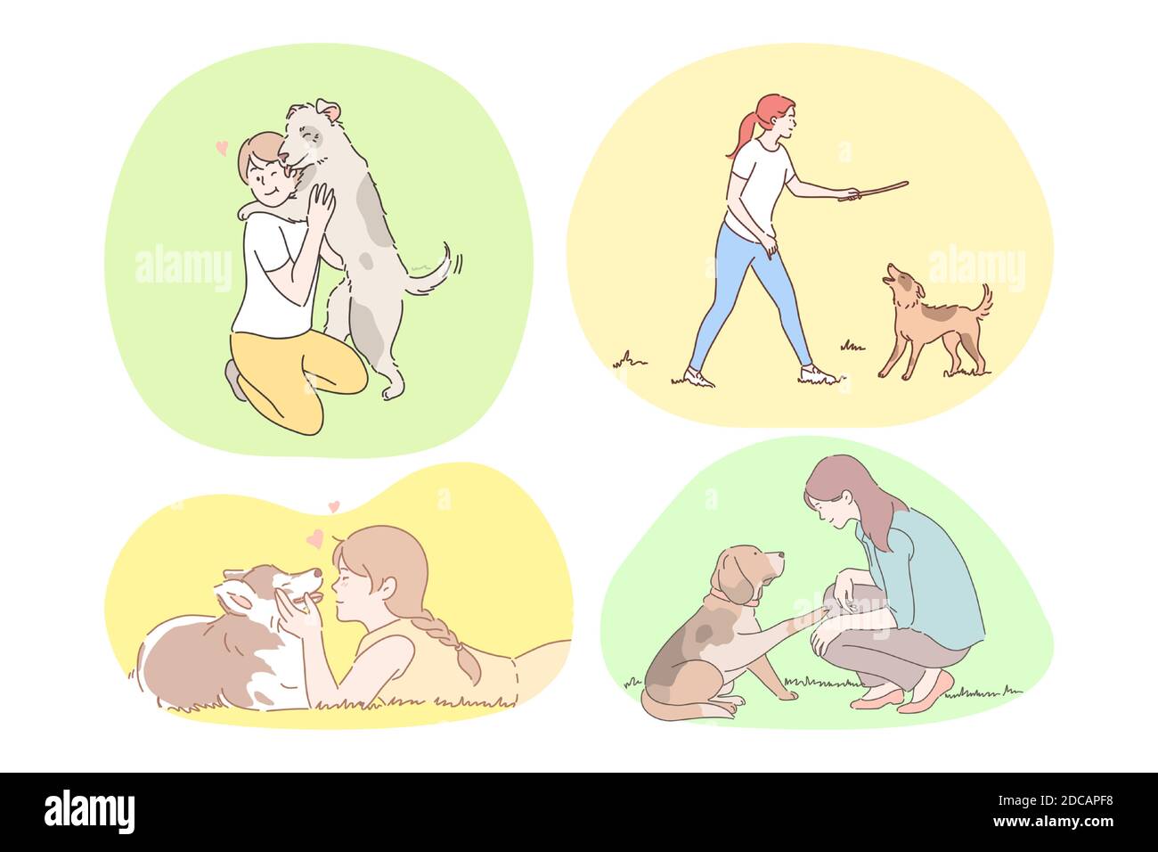Cane compagnia e amicizia concetto. Insieme di felici ragazzi e ragazze formazione, insegnamento, a piedi e godendo di compagnia di cani e cuccioli all'aperto i Illustrazione Vettoriale