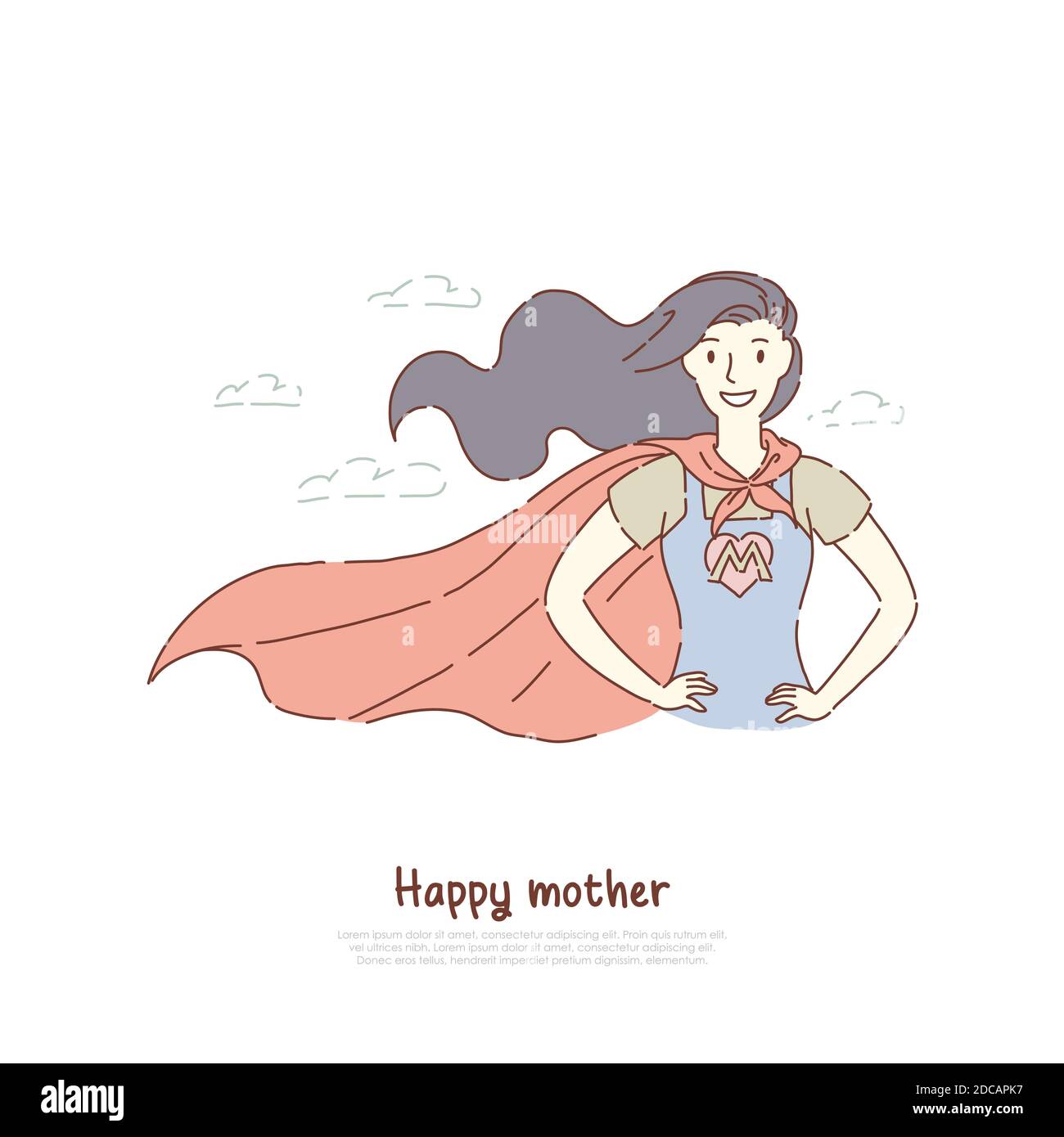 Madre coraggiosa in posizione di supereroe, mamma super in costume con lettera, genitore migliore, felicissima maternità, banner parenting. Eroe femminile in cape con Illustrazione Vettoriale