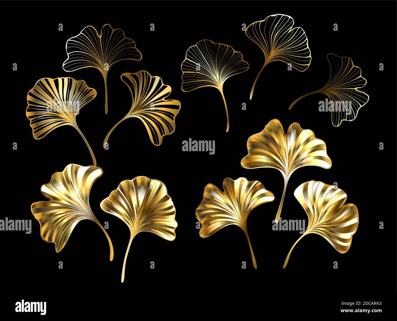 Set di oro, gioielli, brillanti foglie di Ginkgo Biloba su sfondo nero. Ginko Biloba. Illustrazione Vettoriale