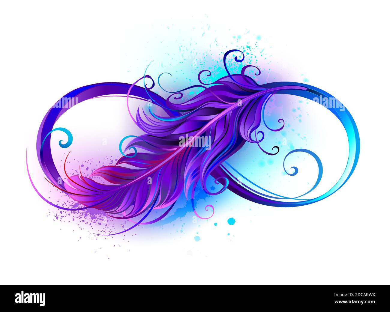 Simbolo Infinity con una bella piuma dipinta in viola e blu colori luminosi su sfondo bianco. Illustrazione Vettoriale