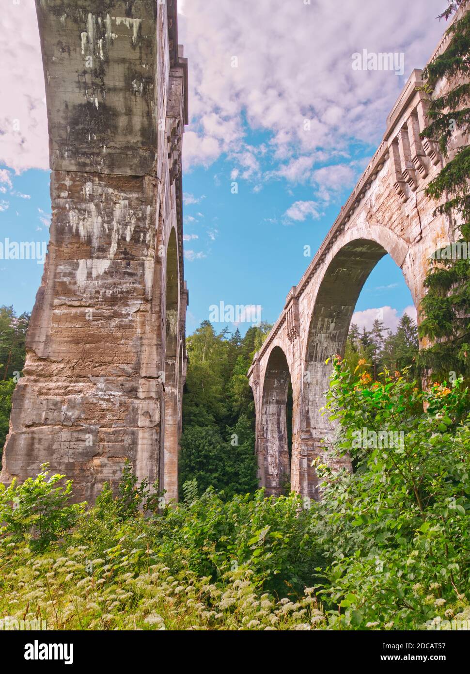 I vecchi tralicci di viadotto a Stanczyki dalla vista ad angolo basso con il cielo sullo sfondo. Foto Stock