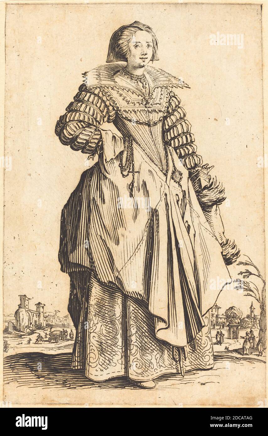 Jacques Callot, (artista), francese, 1592 - 1635, Nobile Donna con grande collare, la nobiltà di Lorena, (serie), c.. 1620/1623, acquaforte Foto Stock