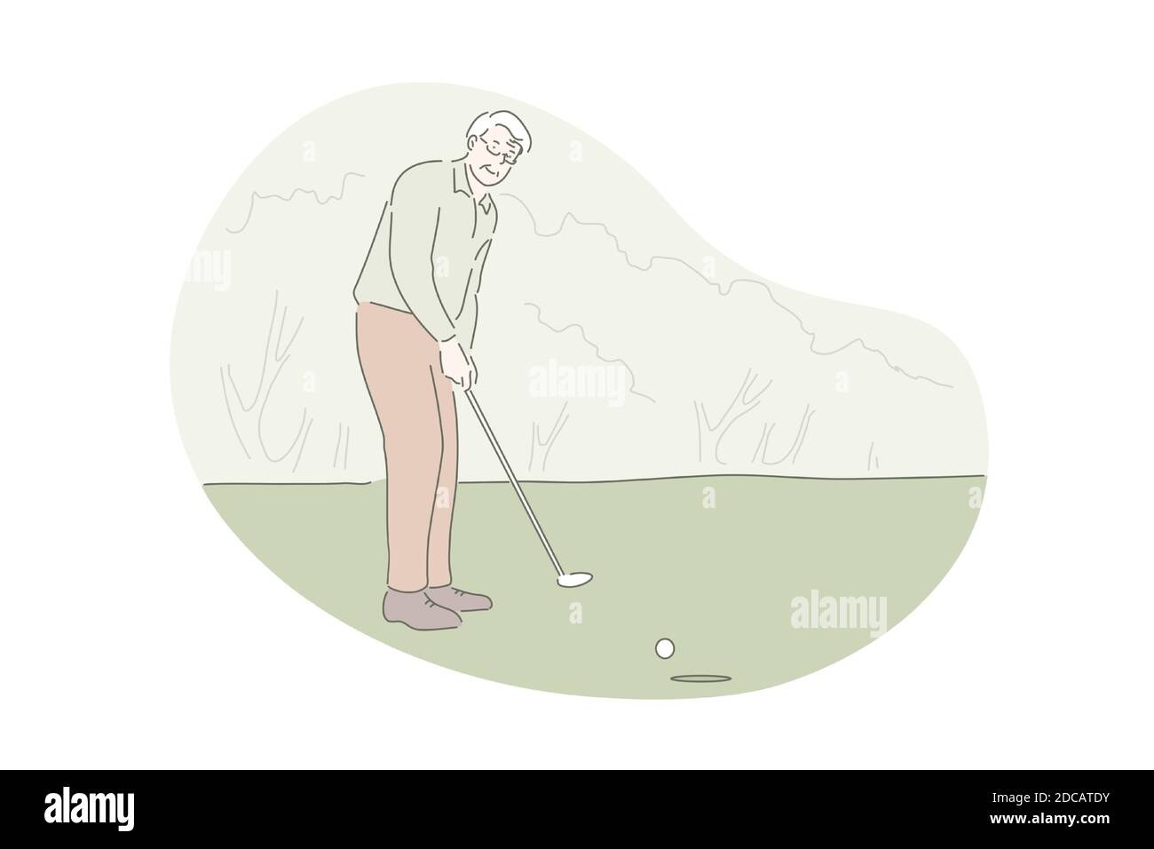 Giocare a golf, riposo attivo, attività all'aperto. Vecchio uomo sul campo da golf che colpisce la palla con il randello. Ritirata godendo di ricreazione all'aperto. Pensionati a Illustrazione Vettoriale