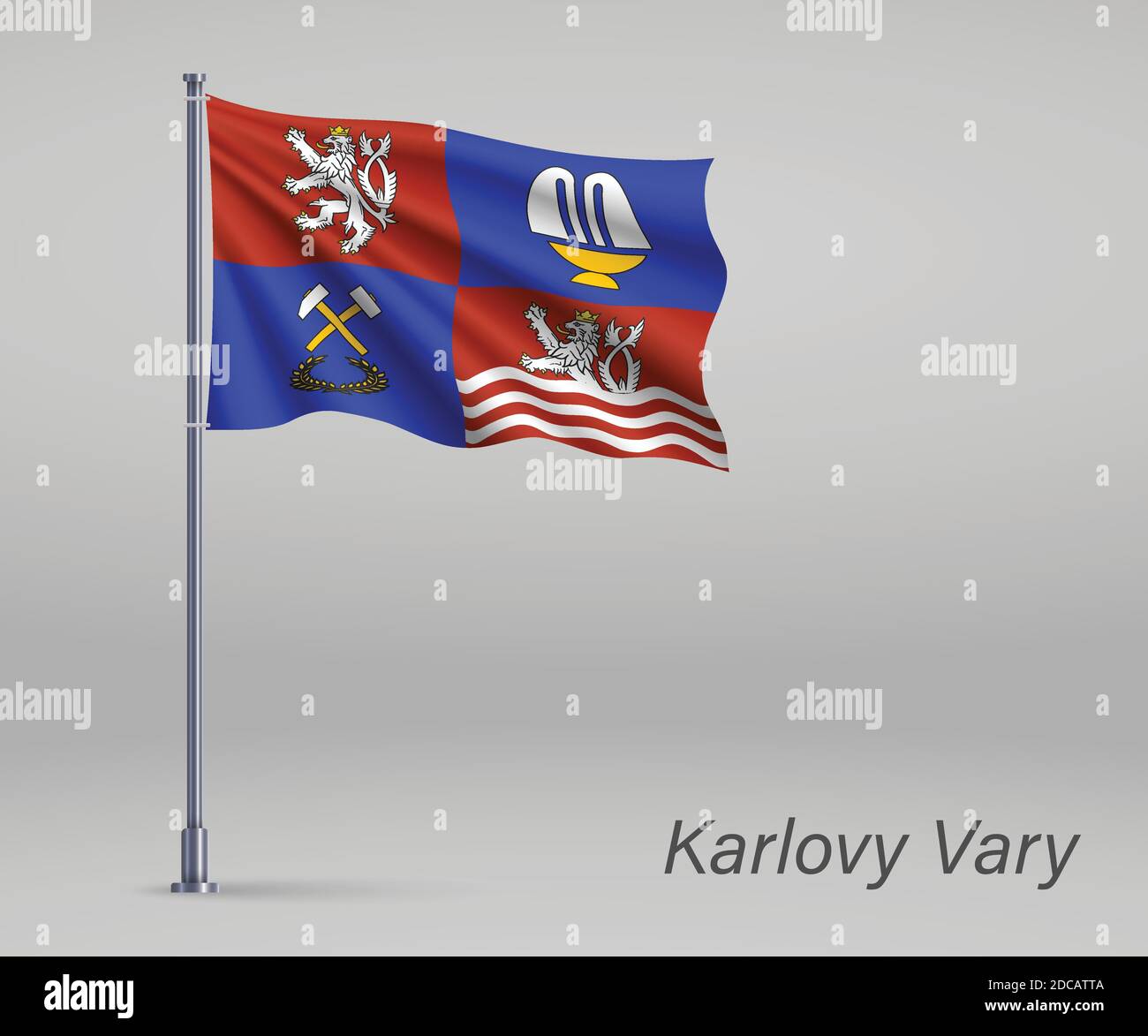 Bandiera sventolante di Karlovy Vary - regione della Repubblica Ceca su flagpole. Modello per il giorno dell'indipendenza Illustrazione Vettoriale