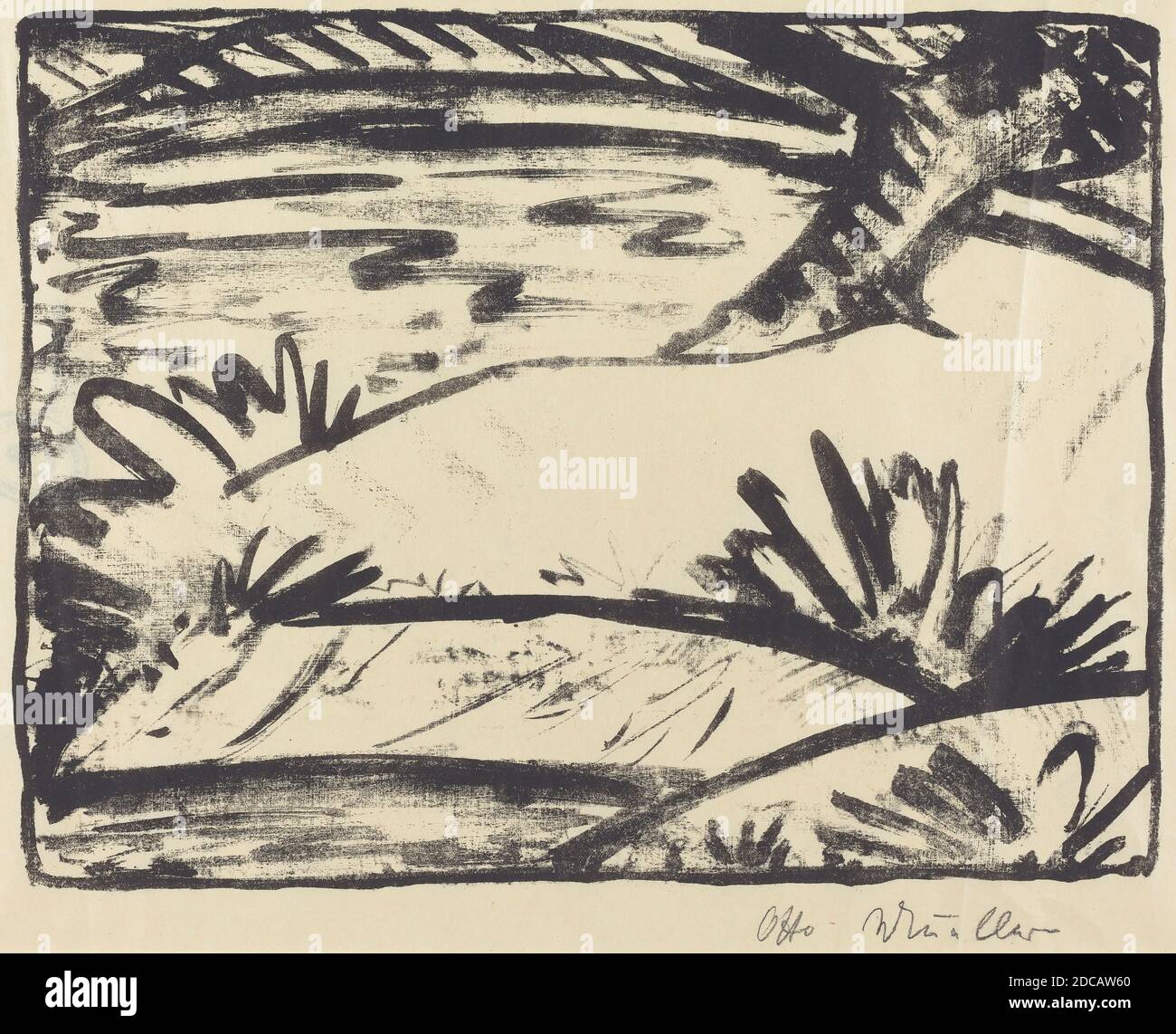 Otto Müller, (artista), tedesco, 1874 - 1930, Paesaggio con albero e acqua (Landschaft mitBaum und Wasser), c.. 1920, litografia Foto Stock