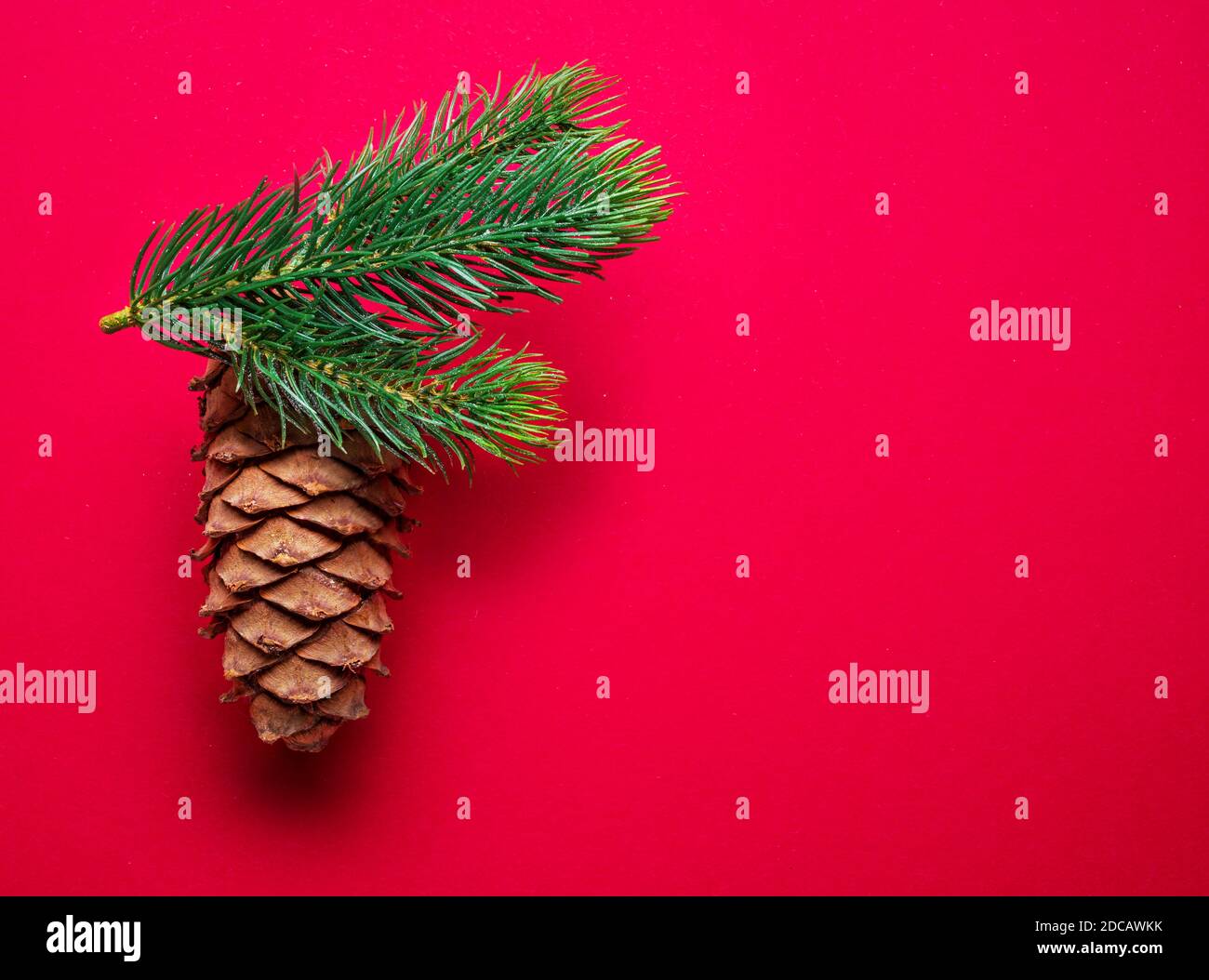 Capodanno rosso o sfondo natalizio con ramificazione di abete e cono di abete. Vista dall'alto. Foto Stock
