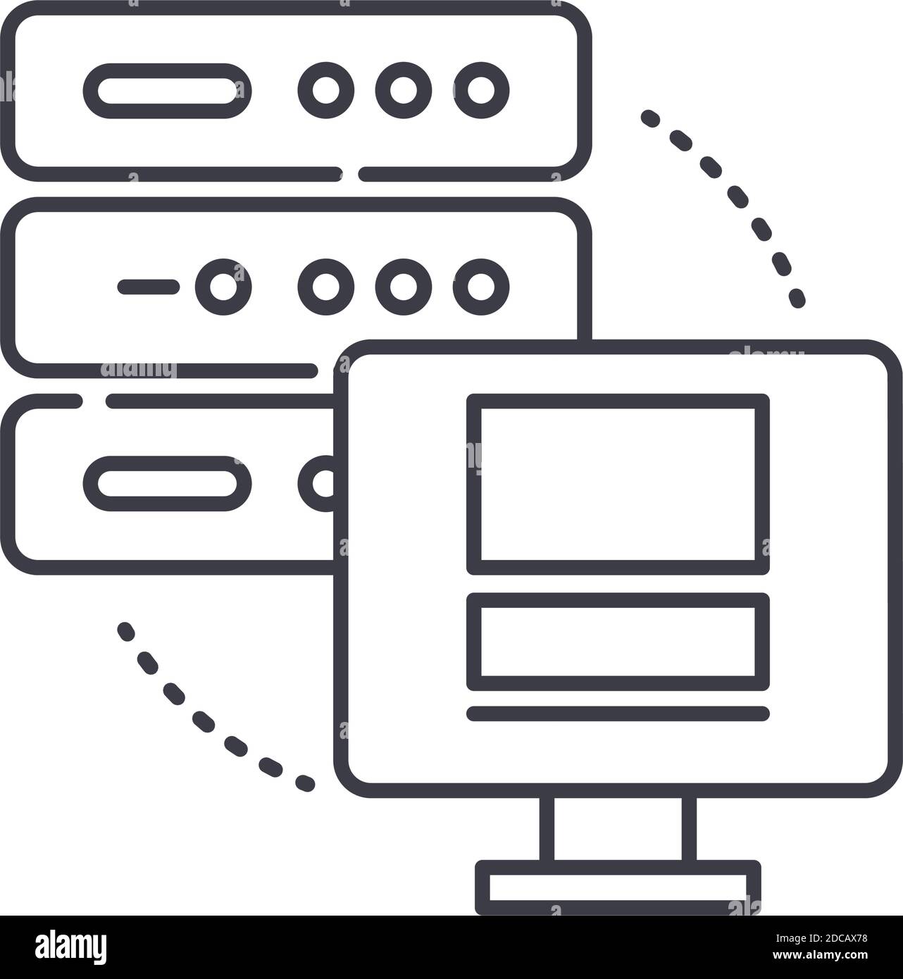 Icona server dedicata, illustrazione isolata lineare, vettore a linee sottili, segno di disegno web, simbolo di concetto di contorno con tratto modificabile su bianco Illustrazione Vettoriale