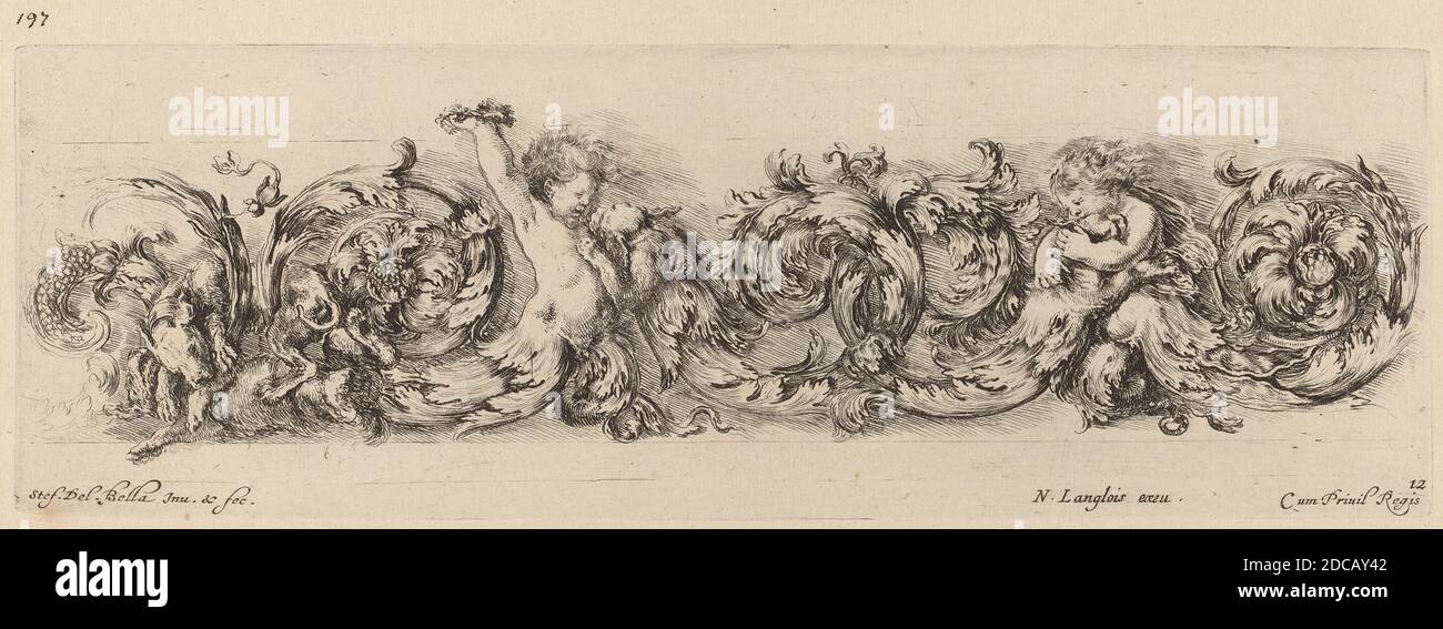 Stefano della Bella, (artista), fiorentino, 1610 - 1664, Fregio ornamentale con Bambini e cani, ornamenti di fregi e fogliani, (serie), probabilmente 1648, incisione Foto Stock