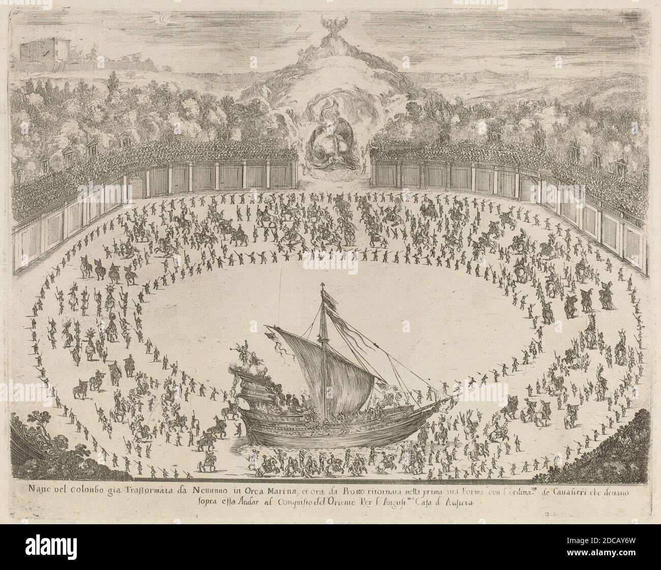 Stefano della Bella, (artista), fiorentino, 1610 - 1664, Parata con un Cariota a forma di nave, Quadreria Medicea, vol.3, (volume), 1652, incisione su carta defilata Foto Stock