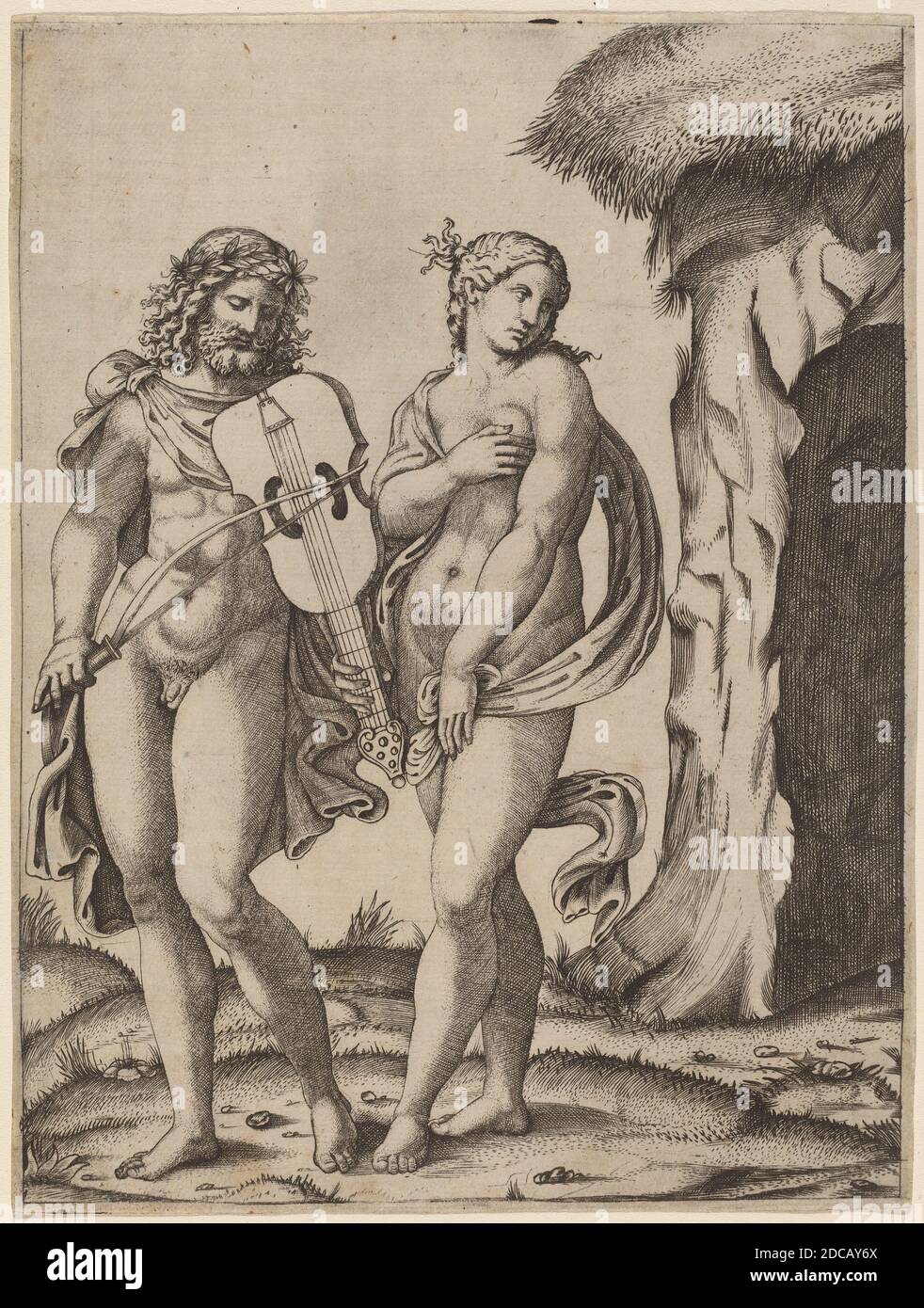 Marcantonio Raimondi, (artista), romano, c.. 1480 - c. 1534, Orfeo ed Euridice, incisione Foto Stock