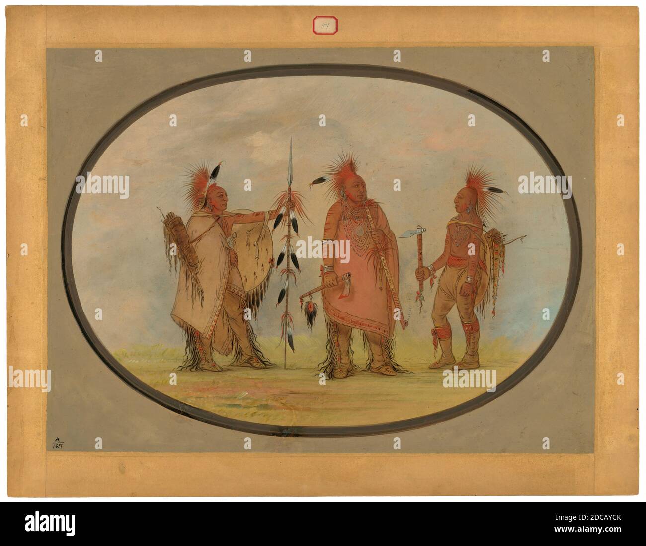 George Catlin, (artista), americano, 1796 - 1872, Osage Chief with Two Warriors, 1861/1869, olio su carta montato su cartone, totale: 47.6 x 64 cm (18 3/4 x 25 3/16 pollici Foto Stock