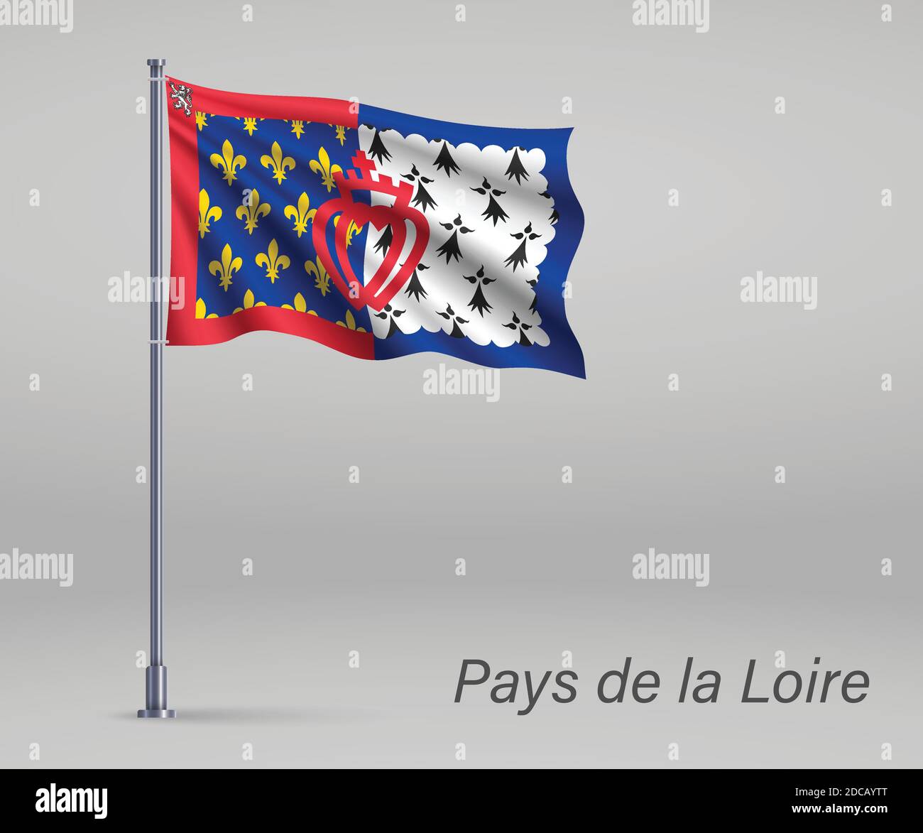 Bandiera ondulata del Pays de la Loire - regione della Francia su flagpole. Modello per il giorno dell'indipendenza Illustrazione Vettoriale