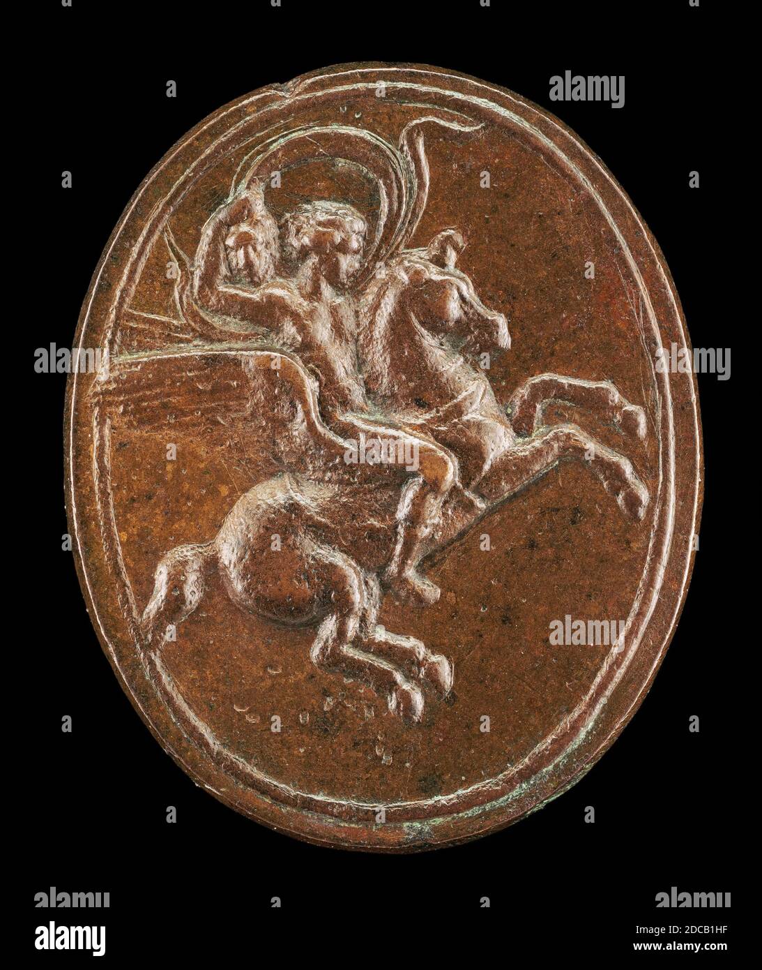 Fiorentino XVI secolo, (scultore), Perseo montato su Pegaso, metà XVI secolo, patina bronzea/marrone medio, tuta (ovale): 3.3 x 2.7 cm (1 5/16 x 1 1/16 pollici) peso lordo: 7 gr Foto Stock