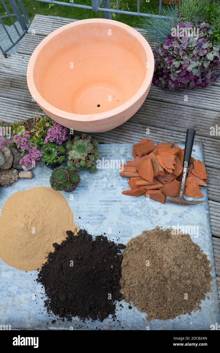 Fare un mini sandarium per le api selvatiche, miscela di sabbia, argilla e terreno è riempito in una ciotola, croccini per drenaggio, foto di serie 1/18, Germania Foto Stock