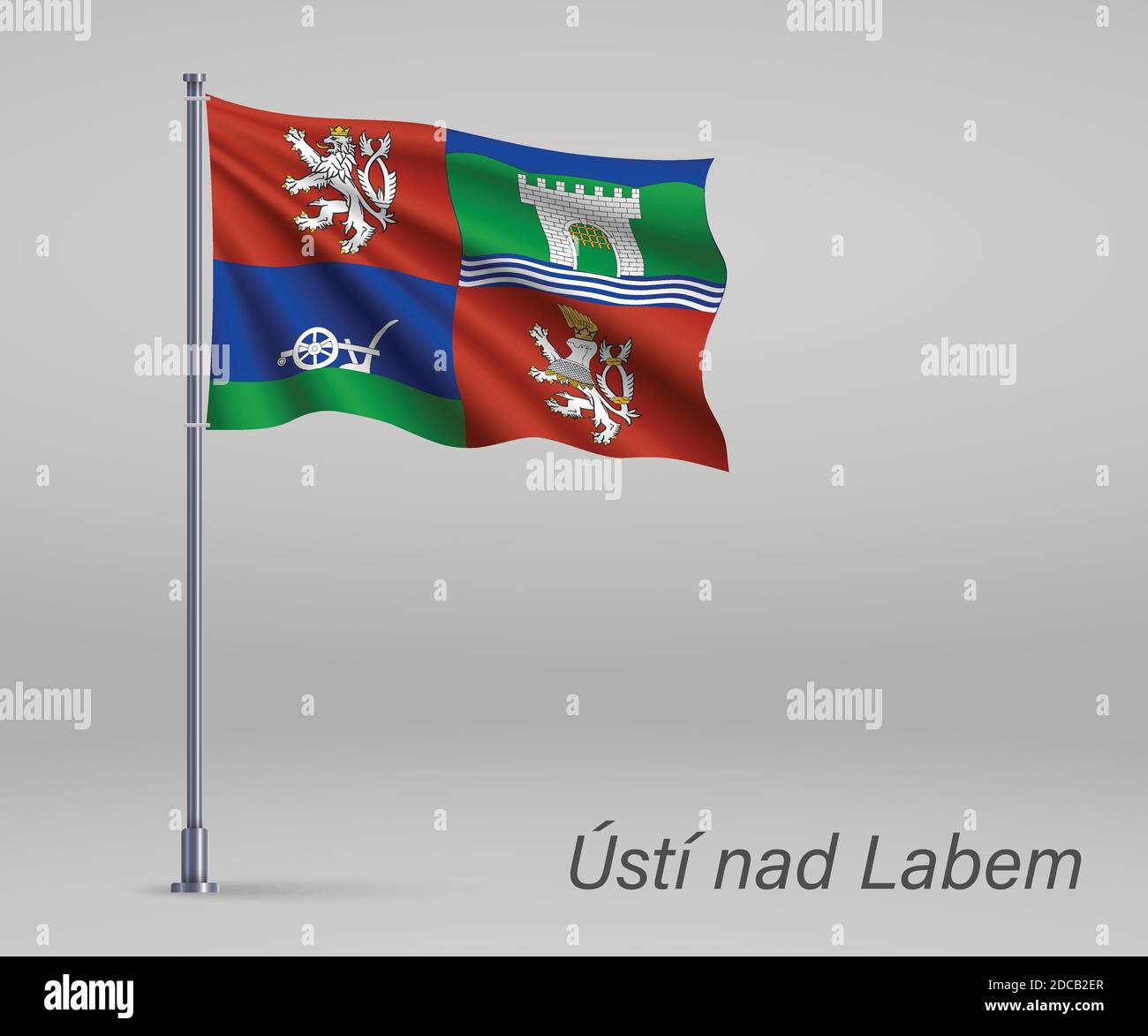 Bandiera ondulata di Usti nad Labem - regione della Repubblica Ceca su flagpole. Modello per il giorno dell'indipendenza Illustrazione Vettoriale