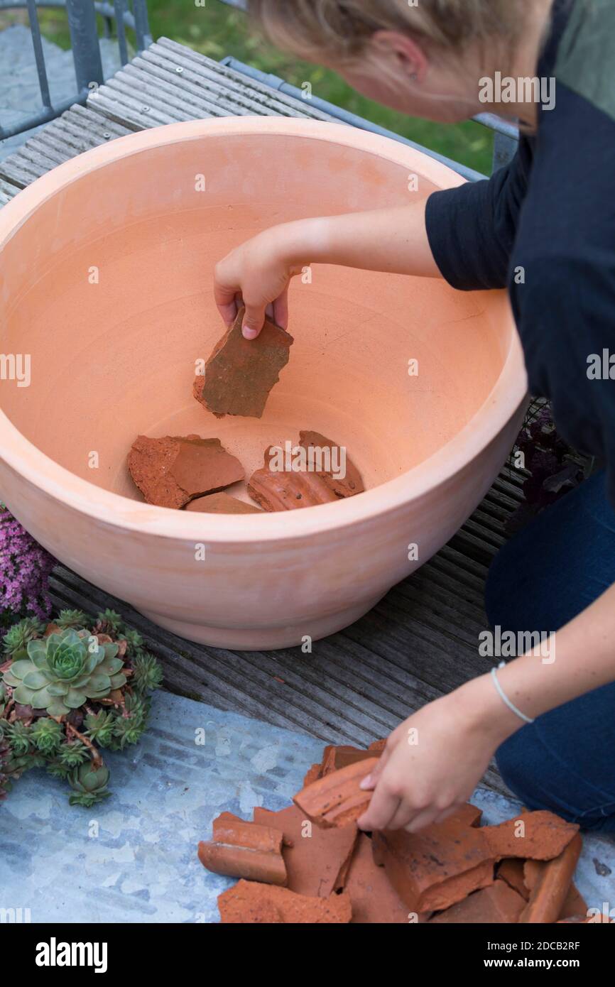 Facendo un mini sandarium per le api selvatiche, ciotola è riempita con i croccini per il drenaggio, foto di serie 4/18, Germania Foto Stock