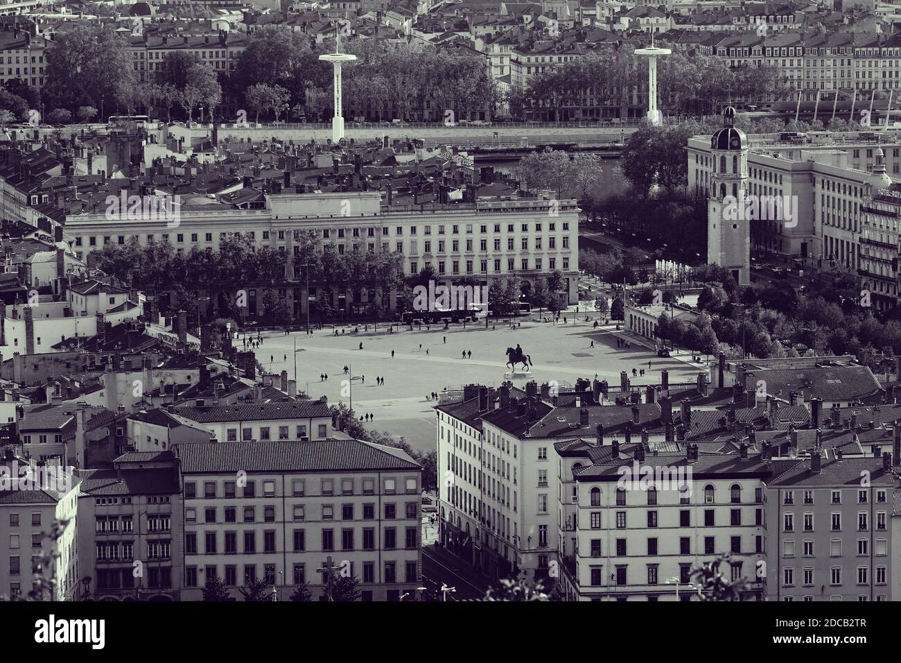 Vista aerea di Place de Bellecour, nel centro di Lione, fotografia in bianco e nero Foto Stock