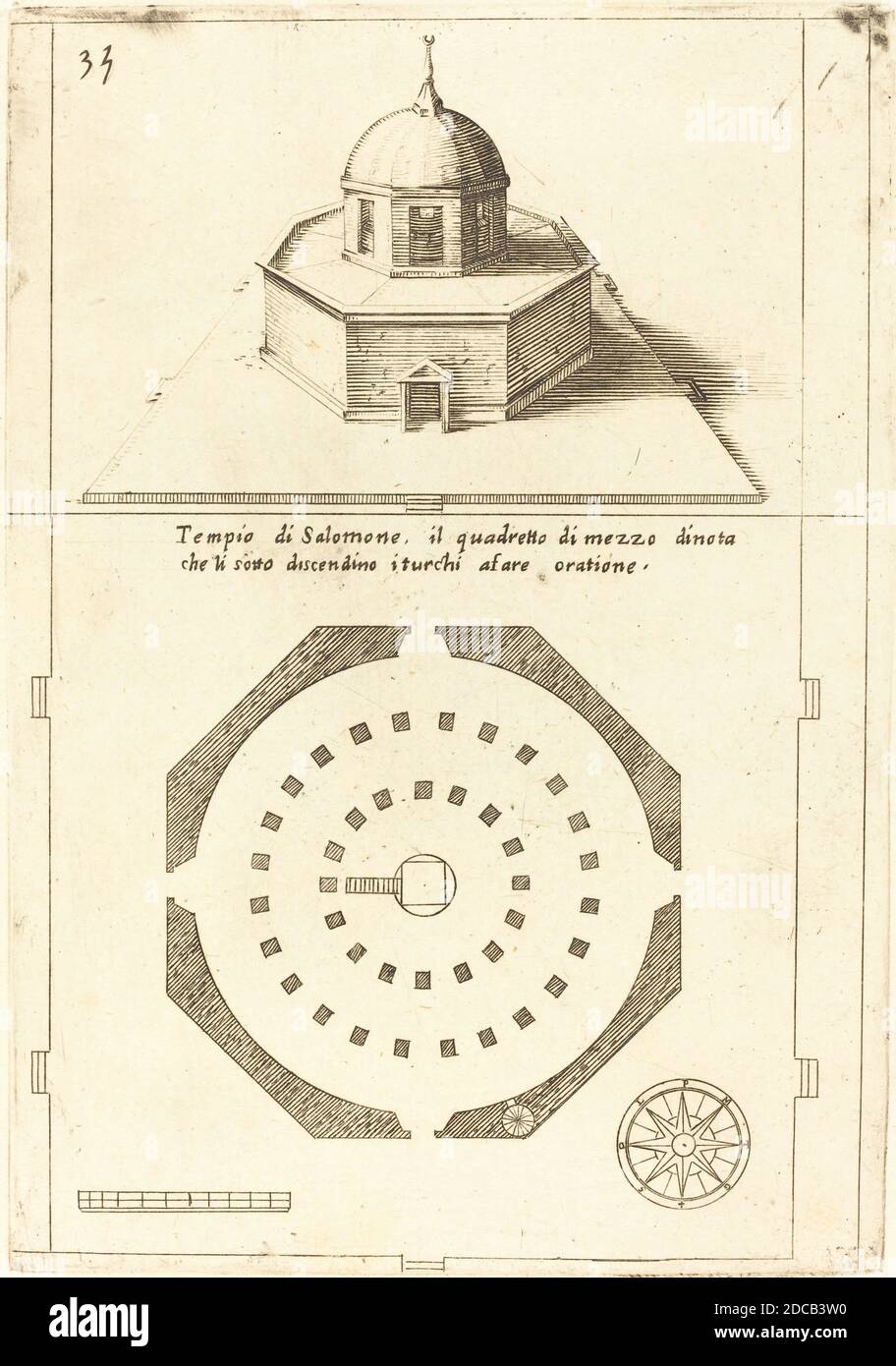 Jacques Callot, (artista), Francese, 1592 - 1635, piano e rappresentazione del Tempio di Salomone, Libro guida agli edifici in Terra Santa: pl.28, (serie), 1619, incisione e incisione su carta deposta Foto Stock