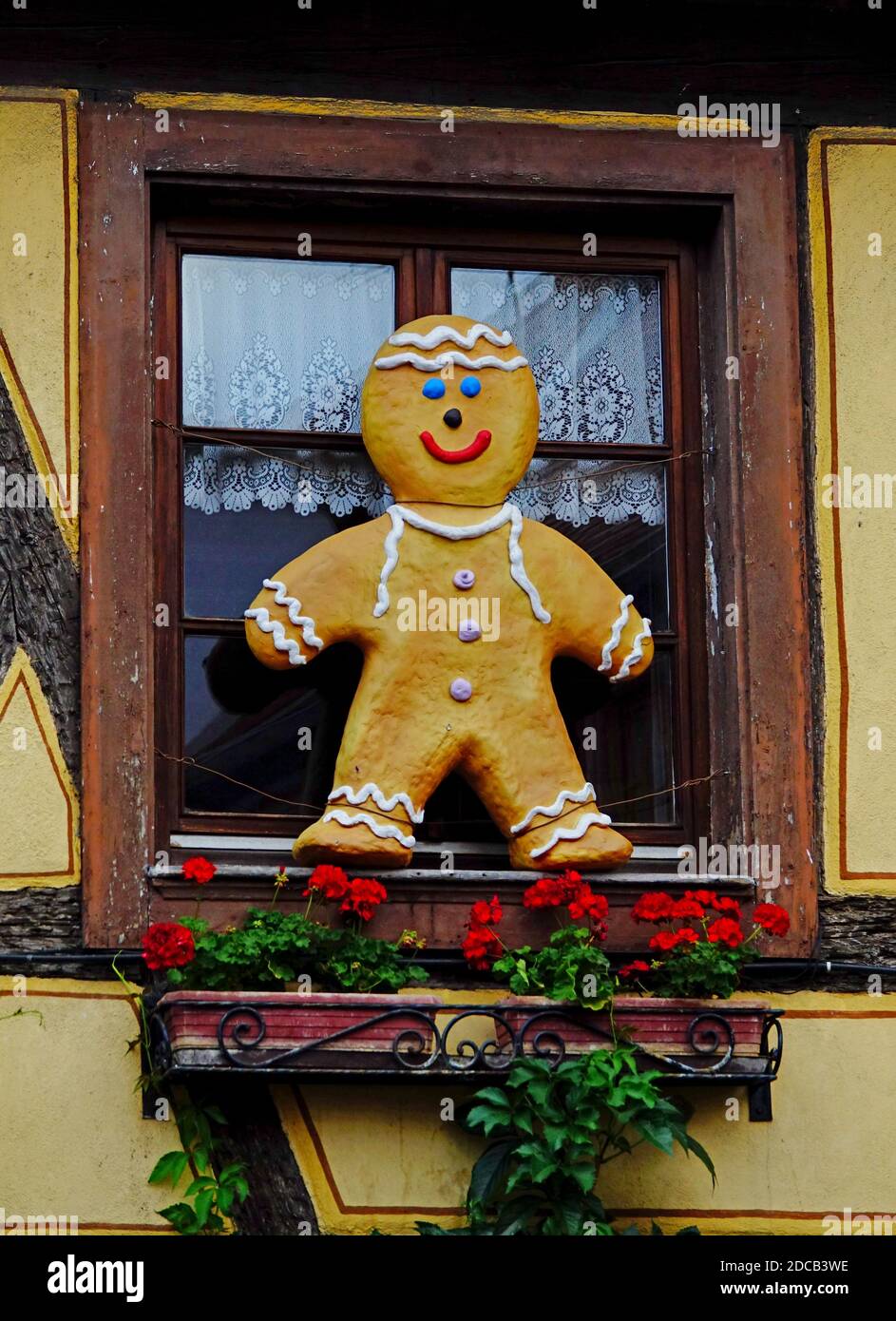 Gingerbread uomo cookie decorazione in una finestra di Alsazia, Francia orientale Foto Stock
