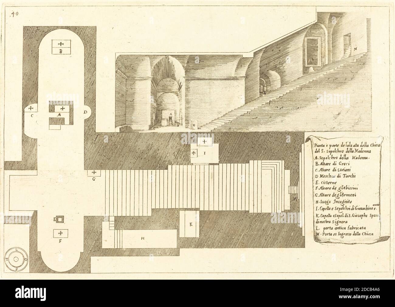 Jacques Callot, (artista), Francese, 1592 - 1635, piano e parte dell'elevazione della Chiesa del Santo Sepolcro della Madonna, Libro guida agli edifici in Terra Santa: pl.33, (serie), 1619, incisione e incisione su carta deposta Foto Stock