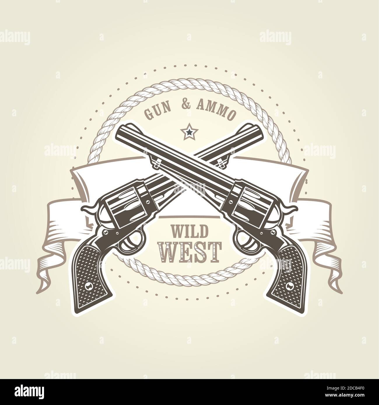 Emblema con revolver cowboy, due sparatutto vintage incrociati sei, simbolo selvaggio West con pistole, illustrazione vettoriale pistola Illustrazione Vettoriale