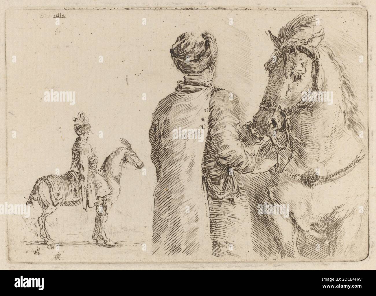 Stefano della Bella, (artista), Fiorentino, 1610 - 1664, Assistente Polacco che tiene la Bridle of a Horse, Quadreria Medicea, vol.3 (1986.50.11-108), (serie), incisione su carta deposta Foto Stock