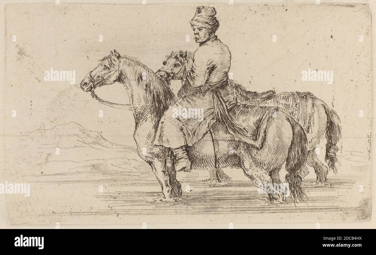 Stefano della Bella, (artista), Fiorentino, 1610 - 1664, Assistente Polacco con due cavalli, Quadreria Medicea, vol.3 (1986.50.11-108), (serie), incisione su carta deposta Foto Stock