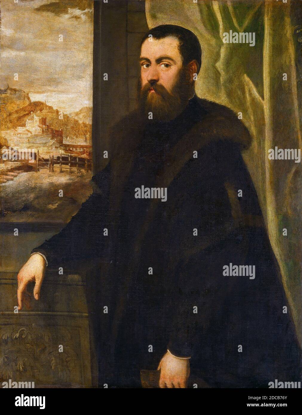 Jacopo Tintoretto, (pittore), Veneziano, 1518 o 1519 - 1594, Maarten de Vos, (pittore), Fiammingo, 1532 - 1603, Ritratto di un uomo con Vista Paesaggio, 1552/1556, olio su tela, totale: 110.5 x 88 cm (43 1/2 x 34 5/8 pollici), incorniciato: 141.6 x 118.1 cm (55 3/4 x 46 1/2 pollici Foto Stock