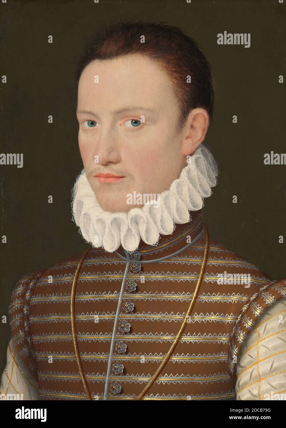 Francese 16 ° secolo, (artista), Ritratto di un nobile, c.. 1570, olio su abete o pino, pannello originale: 31.2 x 22.7 cm (12 5/16 x 8 15/16 in.), totale (con spessori in legno): 32.4 x 23.6 cm (12 3/4 x 9 5/16 in.), incorniciato: 47.9 x 38.1 x 7.3 cm (18 7/8 x 15 x 2 7/8 in Foto Stock