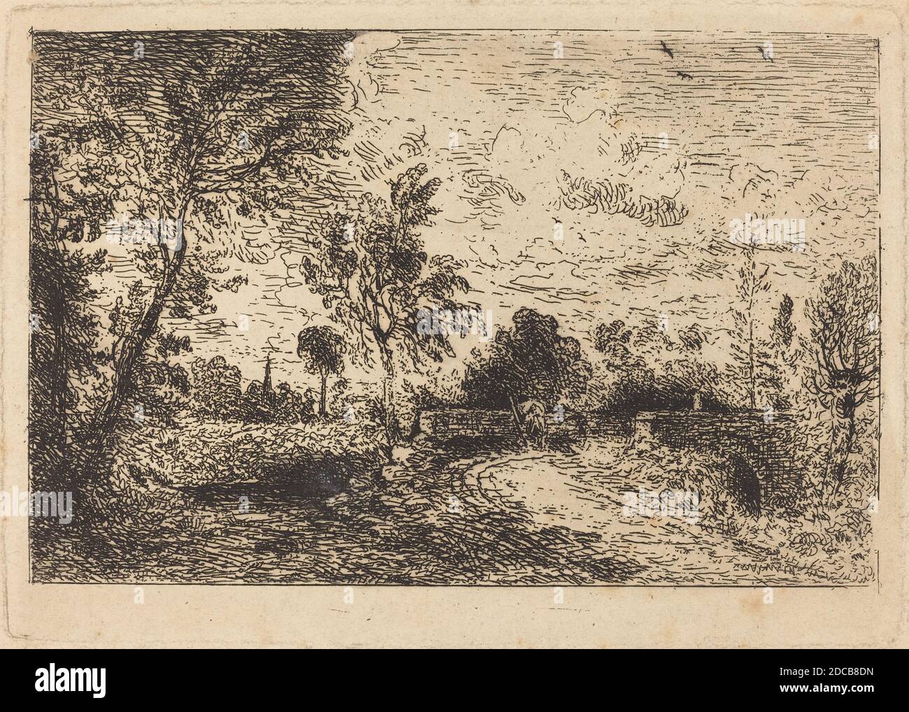 John Constable, (artista), British, 1776 - 1837, Milford Bridge, c.. 1826, incisione su carta da wove, piastra: 13.3 x 19 cm (5 1/4 x 7 1/2 pollici), foglio: 19.3 x 24.2 cm (7 5/8 x 9 1/2 pollici Foto Stock